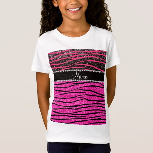 Aangepaste naam neon hete roze en zwarte zebrastre t-shirt (Voorkant)