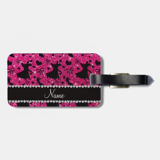 Aangepaste naam neon hot roze glitter ballroom dan bagagelabel (Achterkant horizontaal)