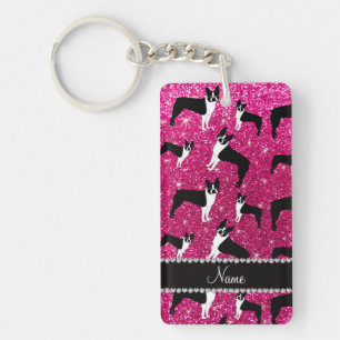 Aangepaste naam neon hot-roze glitter boston shist sleutelhanger