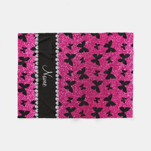 Aangepaste naam neon hot roze glitter butterflies fleece deken (Voorkant (Horizontaal))