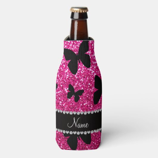 Aangepaste naam neon hot roze glitter butterflies flesjeskoeler (Fles Voorkant)