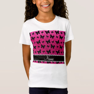 Aangepaste naam neon hot roze glitter butterflies t-shirt