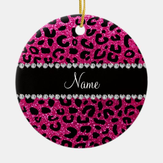 Aangepaste naam neon hot roze glitter cheetah prin keramisch ornament (Voorkant)