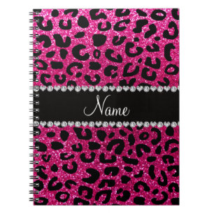 Aangepaste naam neon hot roze glitter cheetah prin notitieboek