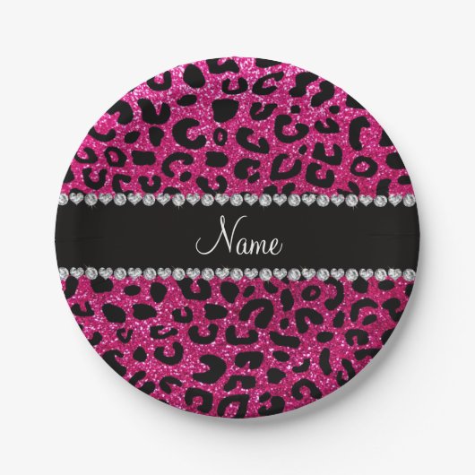 Aangepaste naam neon hot roze glitter cheetah prin papieren bordje (Voorkant)