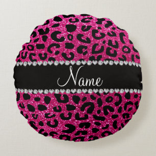 Aangepaste naam neon hot roze glitter cheetah prin rond kussen