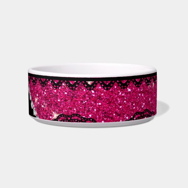 Aangepaste naam neon hot roze glitter kant voerbakje (Rechts)