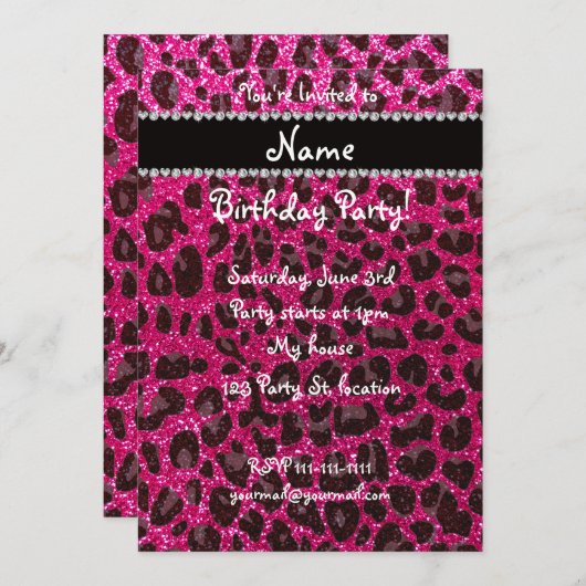 Aangepaste naam neon hot roze glitter leopard prin kaart (Voorkant / Achterkant)