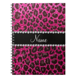 Aangepaste naam neon hot roze glitter leopard prin notitieboek
