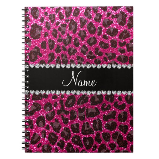 Aangepaste naam neon hot roze glitter leopard prin notitieboek (Voorkant)
