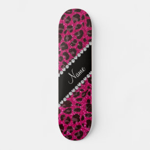 Aangepaste naam neon hot roze glitter leopard prin skateboard