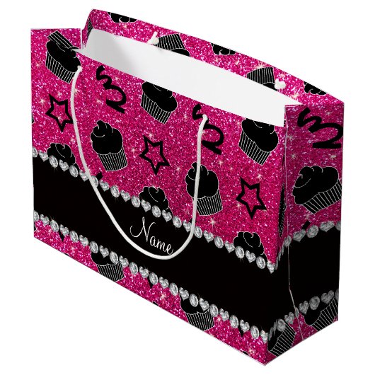 Aangepaste naam neon hot roze glitter sterren cupc large cadeautasje (Achterkant Gekanteld)