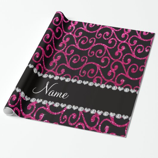 Aangepaste naam neon hot roze glitter swirls cadeaupapier (Uitgerold)