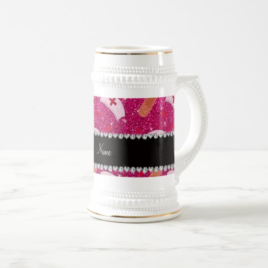 Aangepaste naam neon hot-roze glitter verpleegster bierpul (Voorkant rechts)