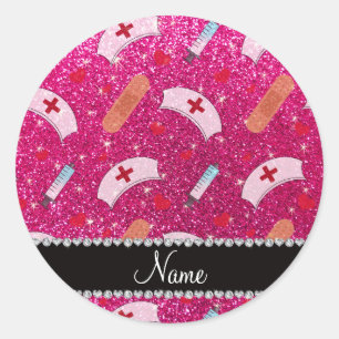 Aangepaste naam neon hot-roze glitter verpleegster ronde sticker