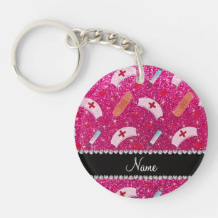 Aangepaste naam neon hot-roze glitter verpleegster sleutelhanger
