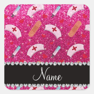 Aangepaste naam neon hot-roze glitter verpleegster vierkante sticker