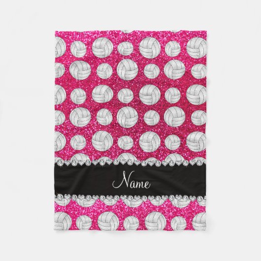 Aangepaste naam neon hot roze glitter volleyballen fleece deken (Voorkant)