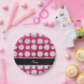 Aangepaste naam neon hot roze glitter volleyballen papieren bordje (Feest)