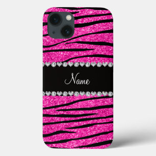 Aangepaste naam neon hot roze glitter zebra diaman Case-Mate iPhone case