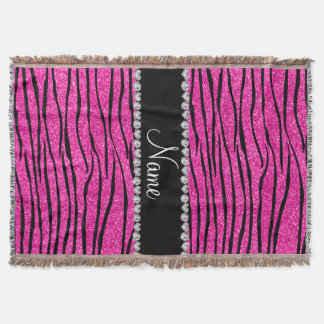 Aangepaste naam neon hot roze glitter zebra diaman deken