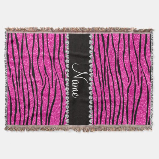 Aangepaste naam neon hot roze glitter zebra diaman deken (Voorkant)