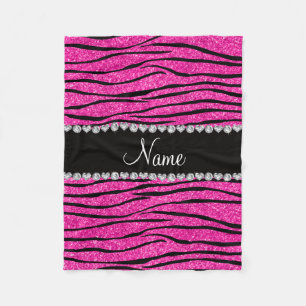 Aangepaste naam neon hot roze glitter zebra diaman fleece deken