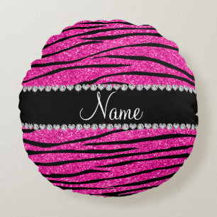 Aangepaste naam neon hot roze glitter zebra diaman rond kussen