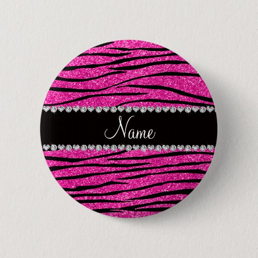 Aangepaste naam neon hot roze glitter zebra diaman ronde button 5,7 cm (Voorkant)