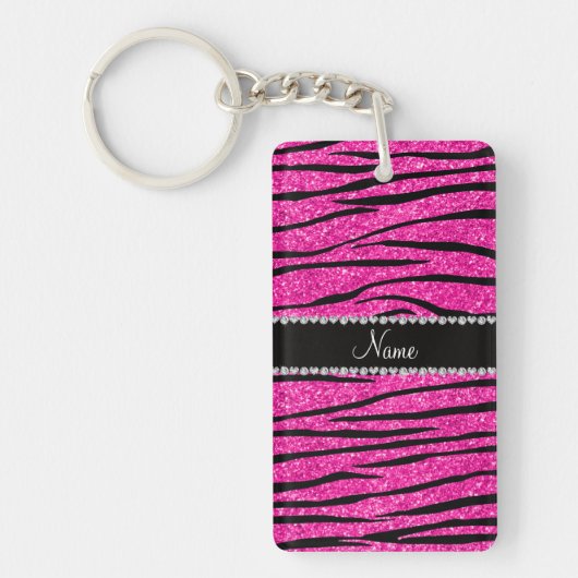 Aangepaste naam neon hot roze glitter zebra diaman sleutelhanger (Voorkant)