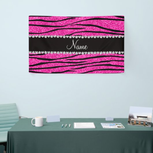 Aangepaste naam neon hot roze glitter zebra diaman spandoek (Beurs)