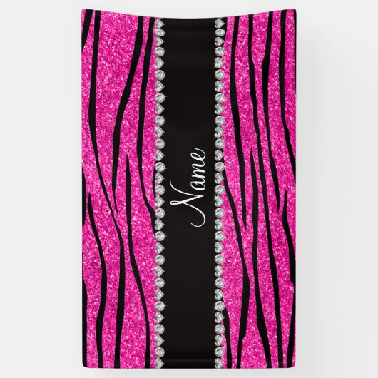 Aangepaste naam neon hot roze glitter zebra diaman spandoek (Verticaal)