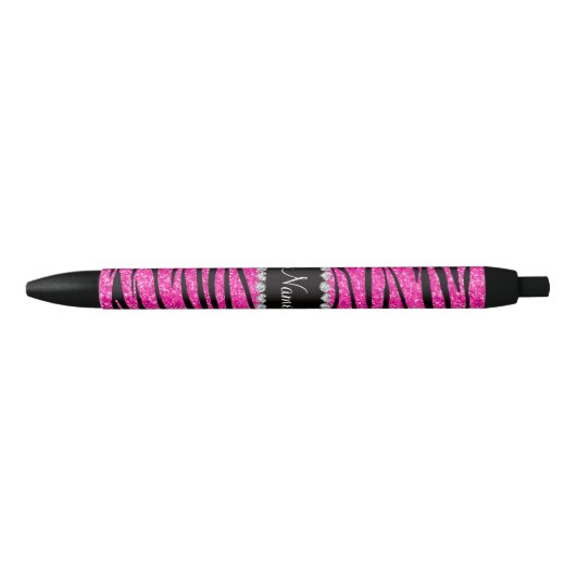 Aangepaste naam neon hot roze glitter zebra diaman zwarte inkt pen (Voorkant)