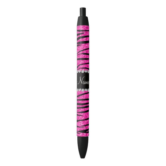 Aangepaste naam neon hot roze glitter zebra diaman zwarte inkt pen (Voorkant Verticaal)