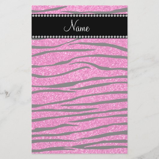 Aangepaste naam neon hot roze glitter zebra strepe briefpapier (Voorkant)