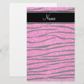 Aangepaste naam neon hot roze glitter zebra strepe briefpapier (Voorkant / Achterkant)