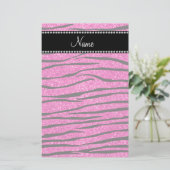 Aangepaste naam neon hot roze glitter zebra strepe briefpapier (Staand voorkant)