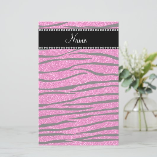 Aangepaste naam neon hot roze glitter zebra strepe briefpapier (Staand voorkant)