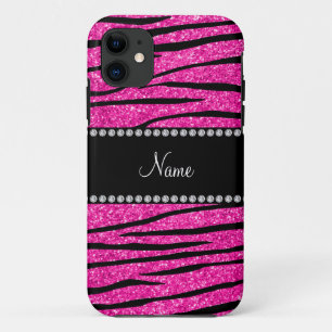 Aangepaste naam neon hot roze glitter zebra strepe iPhone 11 hoesje