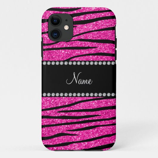 Aangepaste naam neon hot roze glitter zebra strepe Case-Mate iPhone case (Achterkant)