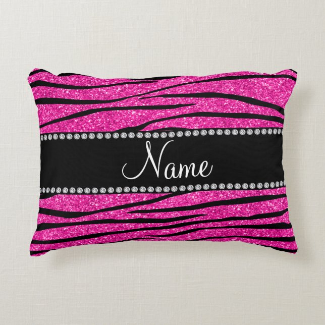 Aangepaste naam neon hot roze glitter zebra strepe decoratief kussen (Voorkant)