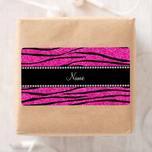 Aangepaste naam neon hot roze glitter zebra strepe etiket (Insitu)