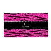 Aangepaste naam neon hot roze glitter zebra strepe etiket (Voorkant)