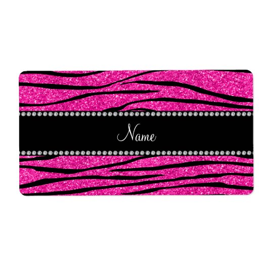 Aangepaste naam neon hot roze glitter zebra strepe etiket (Voorkant)