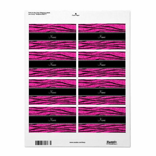 Aangepaste naam neon hot roze glitter zebra strepe etiket (Full Sheet)