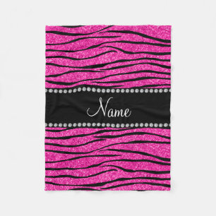 Aangepaste naam neon hot roze glitter zebra strepe fleece deken