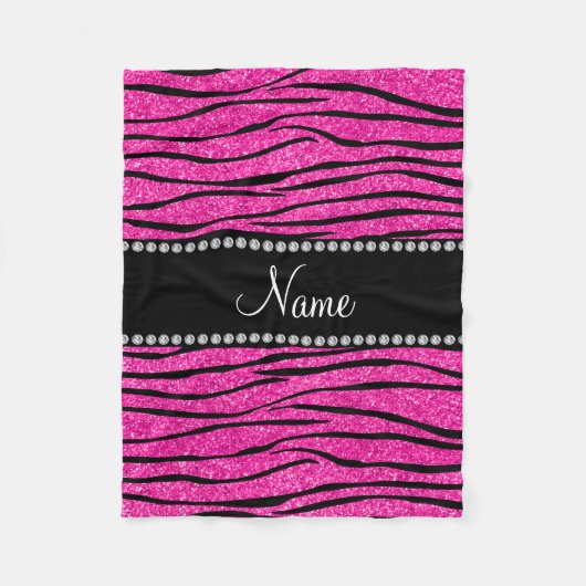 Aangepaste naam neon hot roze glitter zebra strepe fleece deken (Voorkant)