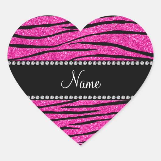 Aangepaste naam neon hot roze glitter zebra strepe hart sticker (Voorkant)