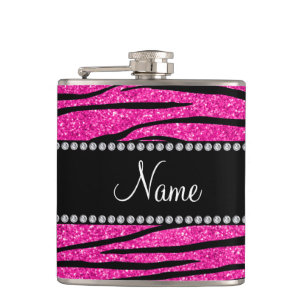 Aangepaste naam neon hot roze glitter zebra strepe heupfles