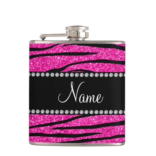 Aangepaste naam neon hot roze glitter zebra strepe heupfles (Voorkant)